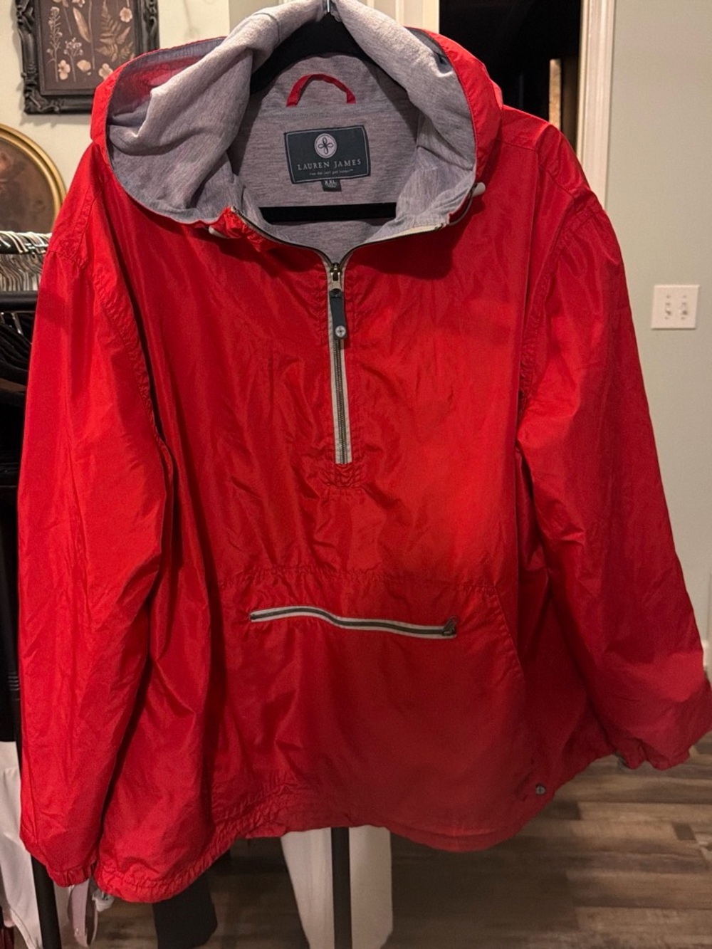 Lauren James Red Hooded Rain Pullover with Gray Lining